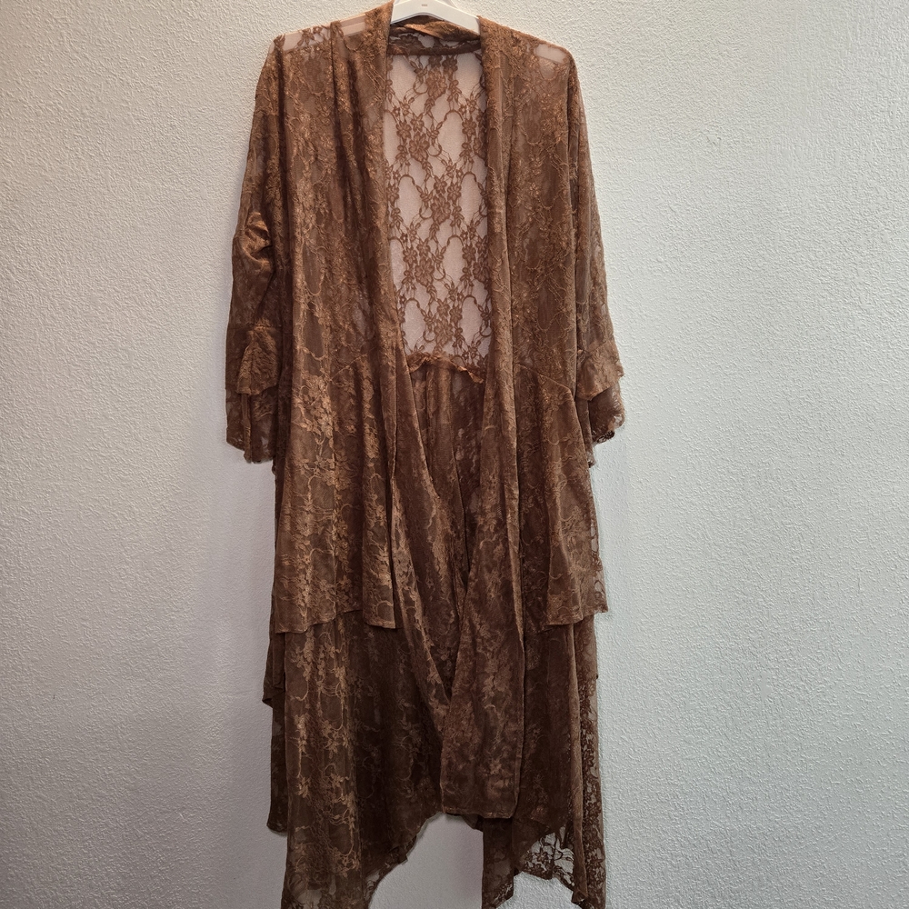 Brown Layered Lace Boho Romantic Duster Coat 2x Or‎ 3x Made In USA Western Ranch - Picture 2 of 14